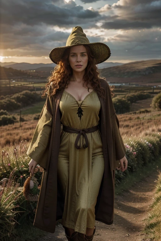 detailed cinematic full body shot of a 35 year old woman with reddish curly hair wearing a yellow robe, pointy witch wizard hat, in an irish landscape, intricate celtic knot patterns, dramatic cloudy sky, sunlight rays, golden hour, hyperrealistic, photorealistic, 8k, masterpiece