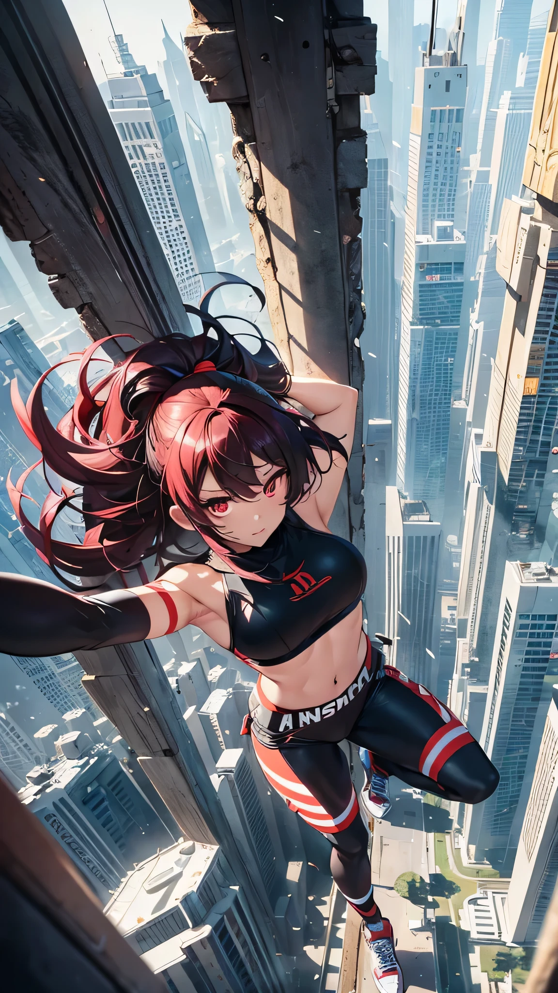 Highest quality、Highest quality、Masterpiece、girl((American、half、18-year-old、as soon as、Highest Bust、Medium Bust、Wide open chest、Red glowing eyes、Black Ear、Red Mesh、Disheveled Hair、Loincloth、thin、The best valley、Open chest、hair ornaments、Full body view、pants、Sports Bra、Random Pause))、high quality、Beautiful Art、background((Collapsing Ground、no gravity、Floating Object))、flight、Flying Debris、Depth of text、movie、Visual Arts、Perfect Art、8K、Genuine、Special Angles