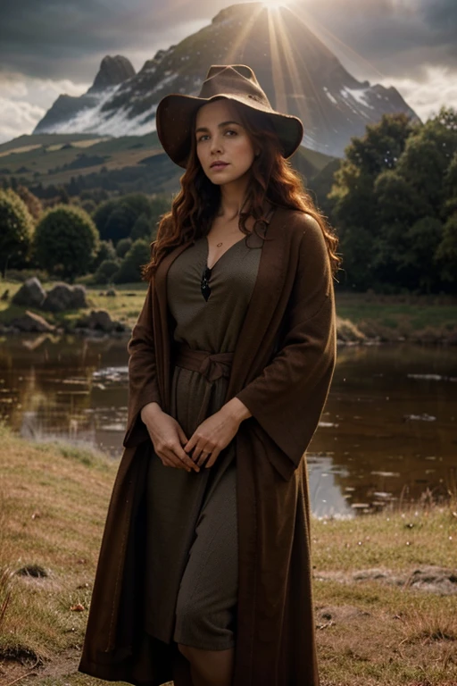 detailed cinematic full body shot of a 35 year old woman with reddish curly hair wearing a brown robe, pointy witch wizard hat, in an irish landscape, intricate celtic knot patterns, dramatic cloudy sky, sunlight rays, golden hour, hyperrealistic, photorealistic, 8k, masterpiece