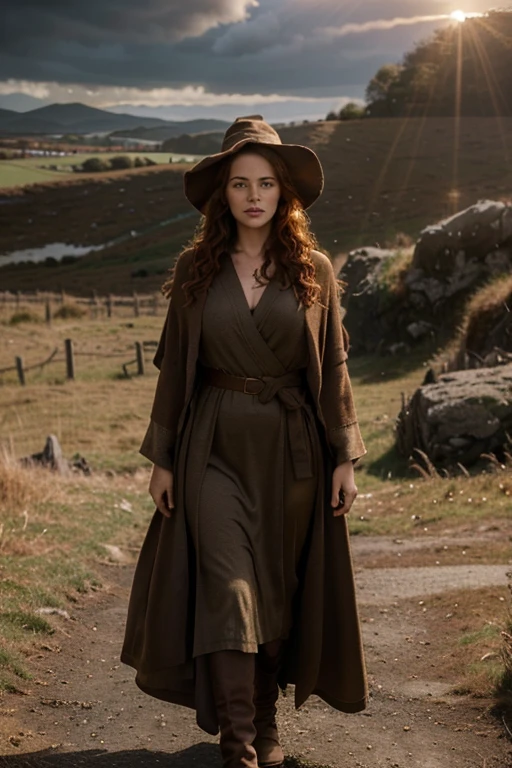 detailed cinematic full body shot of a 35 year old woman with reddish curly hair wearing a brown robe, pointy witch wizard hat, in an irish landscape, intricate celtic knot patterns, dramatic cloudy sky, sunlight rays, golden hour, hyperrealistic, photorealistic, 8k, masterpiece