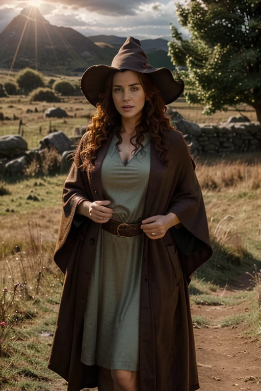 detailed cinematic full body shot of a 35 year old woman with reddish curly hair wearing a withe robe, pointy witch wizard hat, in an irish landscape, intricate celtic knot patterns, dramatic cloudy sky, sunlight rays, golden hour, hyperrealistic, photorealistic, 8k, masterpiece