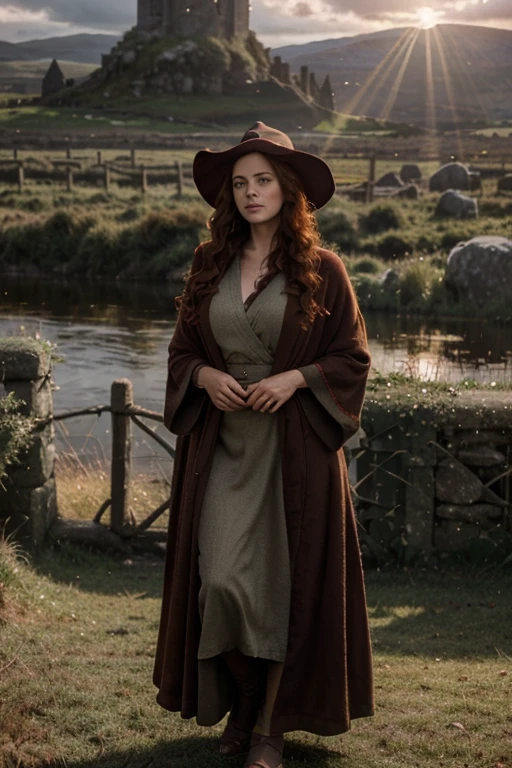 detailed cinematic full body shot of a 35 year old woman with reddish curly hair wearing a withe robe, pointy witch wizard hat, in an irish landscape, intricate celtic knot patterns, dramatic cloudy sky, sunlight rays, golden hour, hyperrealistic, photorealistic, 8k, masterpiece