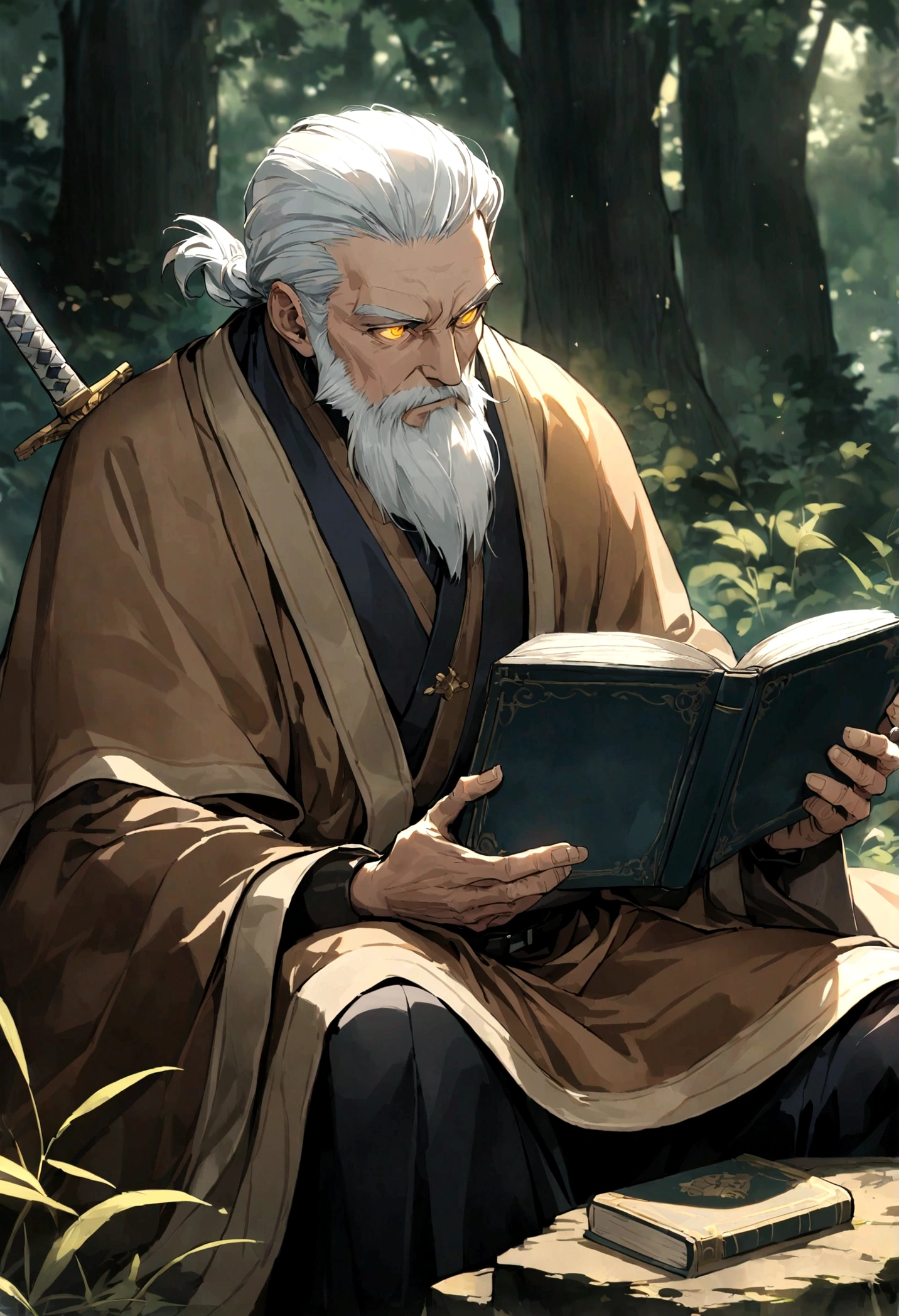 Anime character, a man, medieval era. Young, 20 years old, large body, cold expression, fierce gaze. White beauty, short and messy gray hair, ponytail, left eye patch, black clothes, black shirt, dark cape with hood, chains. front camera, half body. In the middle of the moonlight, wind blowing through your hair, in the forest between a ruined temple.