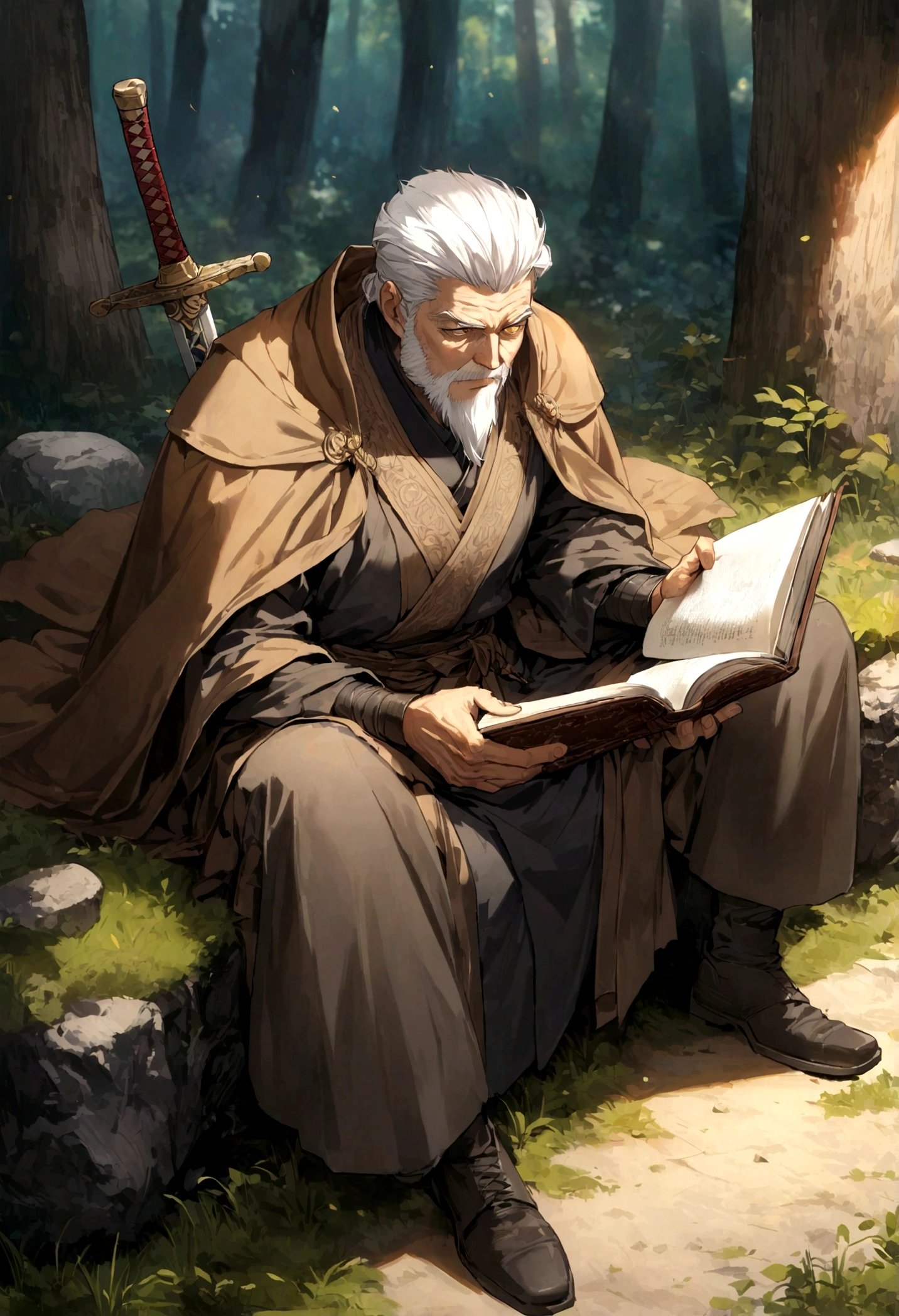 A 60 year old man who is a swordsman. Golden eye irises, serious look, white hair combed back, short beard well combed. Dressed in a dark blue outfit and brown cloak. Sitting on a rock in the forest. Reading a book, sword sheathed at his waist. The sun's rays hovering over him. (Detailed eyes, detailed sword, detailed book.)