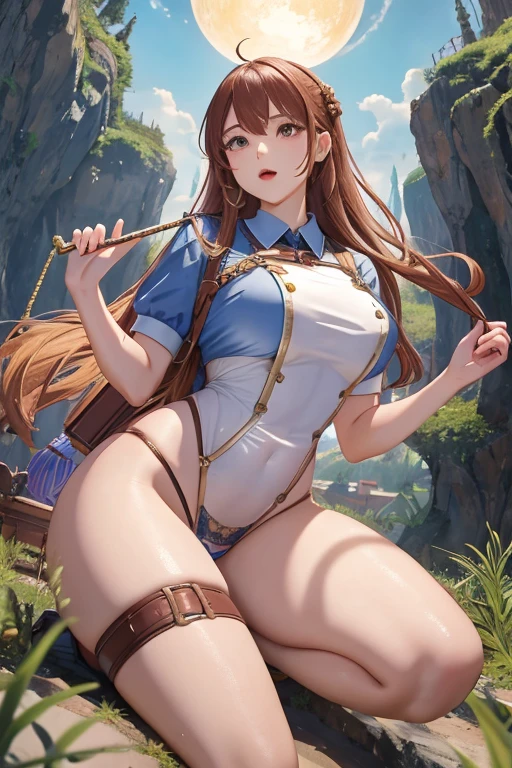 fantastic realism,The female giant bravely enters the Lilliputian country,高度Detailed footage of the giantess,Detailed footage of the giantess,giantess art,schoolgirl,Short sleeve,(((many villains,at work)))
