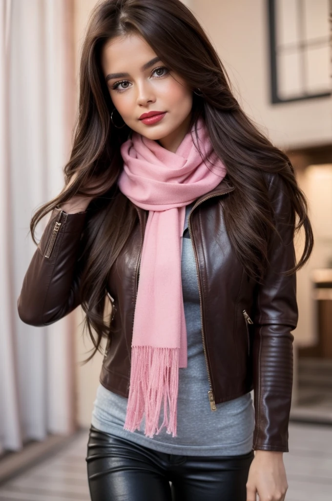 Photorealistic, best quality, hyper detailed, full-body picture. Gorgeous, pretty, warm-hearted, kind-hearted, good-hearted, stunning, cheerful, sweet, polite, sensitive, sensible, shiny, charming, alluring, dreamy, graceful, classy, stylish, flowing quite long brown haired greek woman with the cutest face, skin, soft make-up, red lipstick, she is wearing a leather jacket, skinny trousers, riding boots, and a pink scarf.