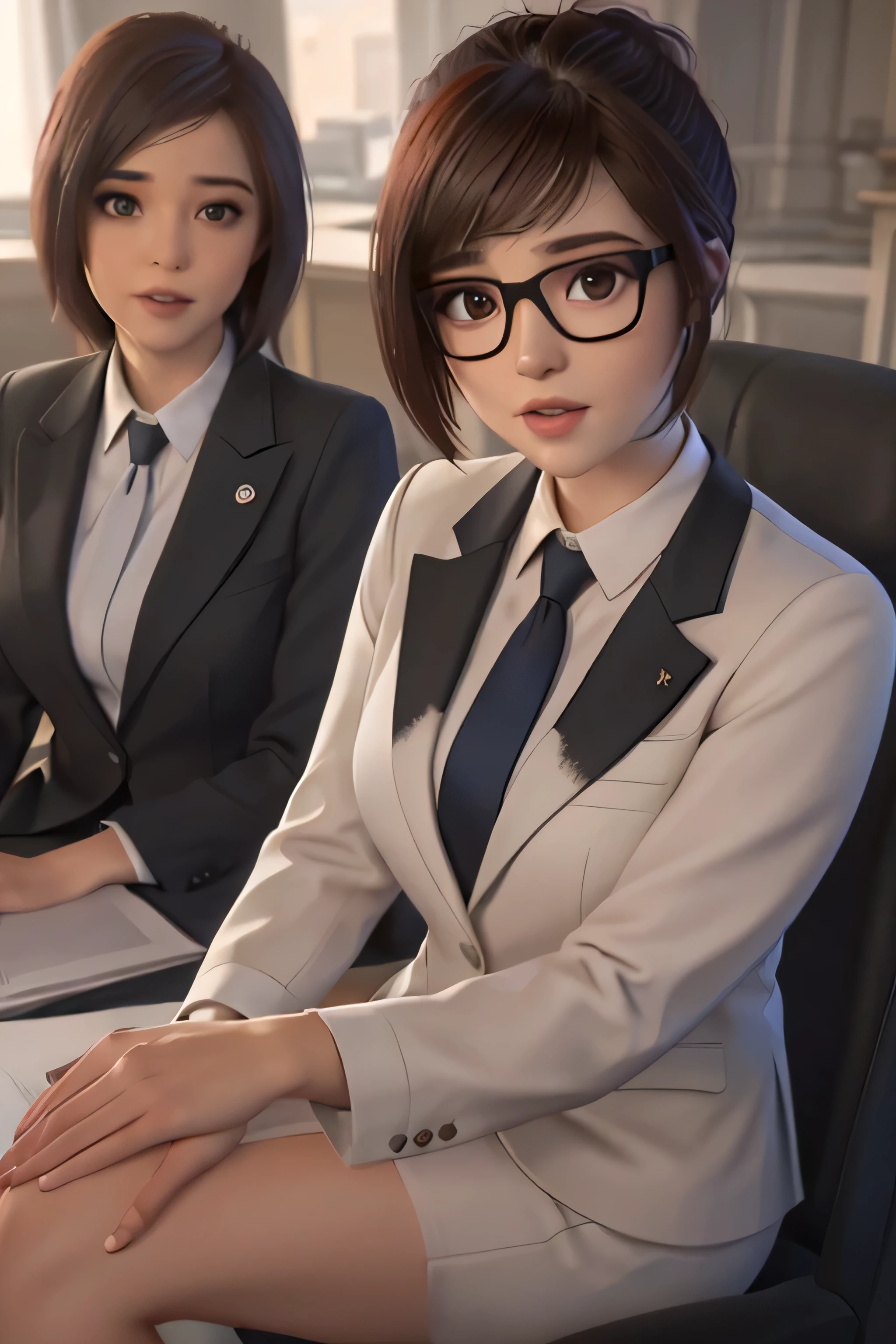 realistic, realism, photorealism, photo-realistic, high contrast, (photorealistic:1.4), 8k high definition detailed realistic,  (best quality, masterpiece:1.2),  photon mapping, radiosity, physically-based rendering, best quality, highly detailed, 1girl, owmei, cream skirt suit, suit and tie, (((three-piece suit))), pink silk dress shirt with white collar, shirt and tie, (((maroon necktie))), ((blazer)), ((suit jacket)) ((waistcoat with lapel)), (((bodycon pencil miniskirt))), formal, business, red lipstick, smile, hair bun, glasses, sitting, (((high collar))), (((tailored bespoke suit))), hair pin