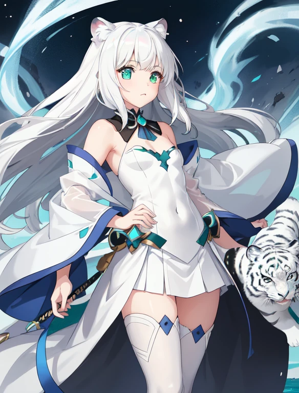A small 10-year-old girl with a flat AA-size . Her proportions include an extremely flat . She has heterochromia, her right eye is a deep emerald green, and her left eye is bright diamond blue. Her features include snow-white hair fluttering behind her, ears of a white tiger atop her head, and a tail of a white tiger. She sports a flowing white cloak that billows behind her and dual-wields two white swords. Her stance is confident and mature, her expression focused and calm. Her clothes cover her completely. Make sure to include a tail of a white tiger on her tailbone.