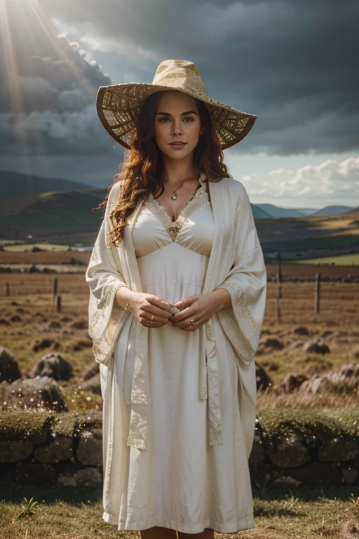 detailed cinematic full body shot of a 35 year old woman with reddish curly hair wearing a white robe, pointy witch wizard hat, in an irish landscape, intricate celtic knot patterns, dramatic cloudy sky, sunlight rays, golden hour, hyperrealistic, photorealistic, 8k, masterpiece