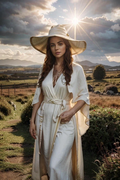 detailed cinematic full body shot of a 35 year old woman with reddish curly hair wearing a white robe, pointy witch wizard hat, in an irish landscape, intricate celtic knot patterns, dramatic cloudy sky, sunlight rays, golden hour, hyperrealistic, photorealistic, 8k, masterpiece
