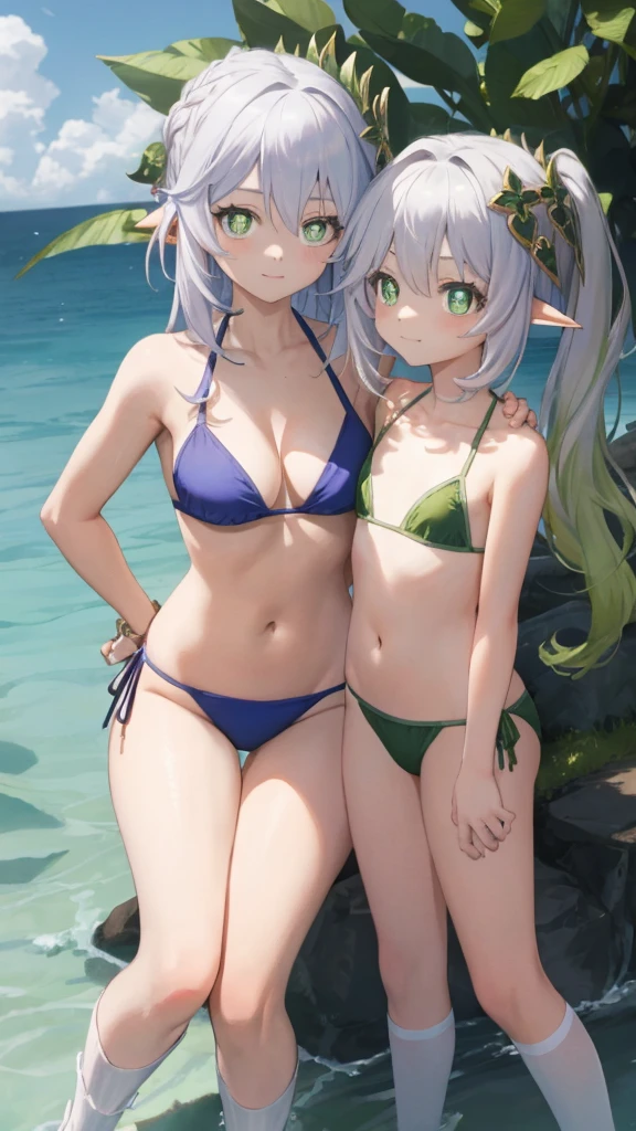 tmasterpiece, 2 girls, Mother and daughter, 25 years old, 1 girl, , best qualtiy, Fine and detailed, A high resolution, Extremely Delicately Beautiful, (white hair), Close-up Shot Shot, (Green eyes), Be red in the face, cleavage, swimsuit, bikini, photo, perfect bodies, perfect bodies, white stockings, (Overlooking), sea, flat chested