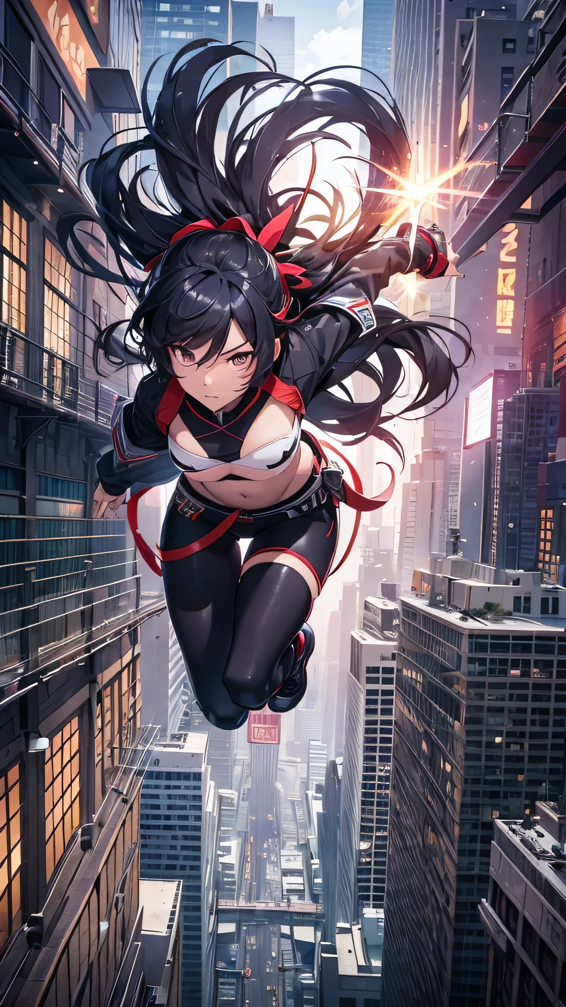 Highest quality、Highest quality、Masterpiece、girl((American、half、18-year-old、as soon as、Highest Bust、Medium Bust、Wide open chest、Red glowing eyes、Black Ear、Red Mesh、Disheveled Hair、Loincloth、thin、The best valley、Open chest、hair ornaments、Full body view、pants、Sports Bra、Random Pause))、high quality、Beautiful Art、background((Collapsing Ground、no gravity、Floating Object、City of night))、flight、Flying Debris、Depth of text、movie、Visual Arts、Perfect Art、8K、Genuine、Special Angles