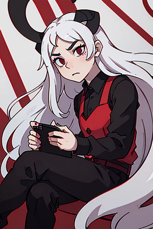 man with pale skin, crimson eyes, long white hair (not too long) and black goat-like horns and a manly face. wearing a red shirt rolled up to the elbows, with a black dress vest buttoned on top, with black dress pants with a black tail that ends in a red triangle.