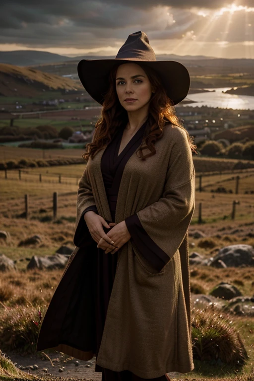 detailed cinematic full body shot of a 35 year old woman with reddish curly hair wearing a robe, pointy witch wizard hat, in an irish landscape, intricate celtic knot patterns, dramatic cloudy sky, sunlight rays, golden hour, hyperrealistic, photorealistic, 8k, masterpiece