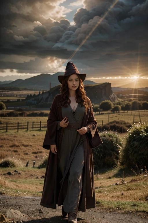detailed cinematic full body shot of a 35 year old woman with reddish curly hair wearing a robe, pointy witch wizard hat, in an irish landscape, intricate celtic knot patterns, dramatic cloudy sky, sunlight rays, golden hour, hyperrealistic, photorealistic, 8k, masterpiece