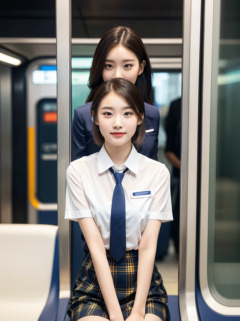 A gorgeous Chinese lady, 14-year-old , sitting in a Singapore MRT train at night, wearing a white short-sleeve blouse, plaid tie, and plaid skirt, with a youthful, smooth complexion, symmetrical face,beautiful detailed eyes and lips, long eyelashes, a slender figure, and a friendly, approachable smile. She has short hair and a confident, poised demeanor. The background is blurred with a Bokeh effect. (best quality,4k,8k,highres,masterpiece:1.2),ultra-detailed,(realistic,photorealistic,photo-realistic:1.37),HDR,UHD,studio lighting,ultra-fine painting,sharp focus,physically-based rendering,extreme detail description,professional,vivid colors,bokeh