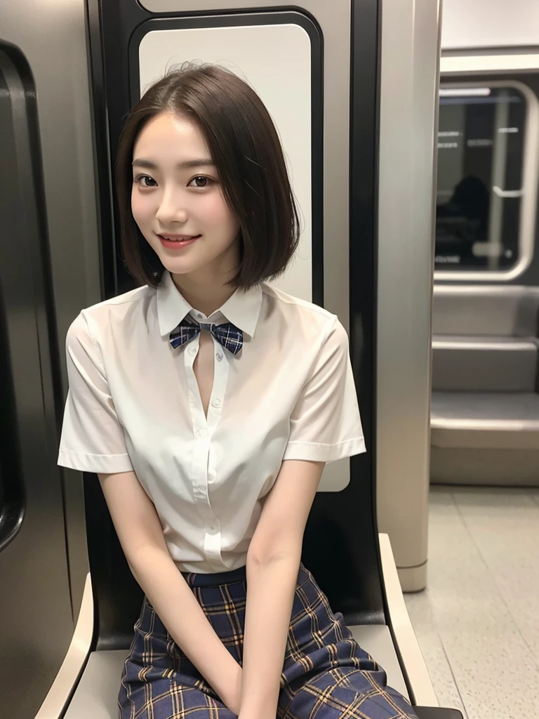 A gorgeous Chinese lady, -yeld , ting in a Singapore MRT train at night, wearing a white short-sleeve blouse, plaid tie, and plaid skirt, with a youthful, smooth complexion, symmetrical face,beautiful detailed eyes and lips, long eyelashes, a slender figure, and a friendly, approachable smile. She has short hair and a confident, poised demeanor. The background is blurred with a Bokeh effect. (best quality,4k,8k,highres,masterpiece:1.2),ultra-detailed,(realistic,photorealistic,photo-realistic:1.37),HDR,UHD,studio lighting,ultra-fine painting,sharp focus,physically-based rendering,extreme detail description,professional,vivid colors,bokeh