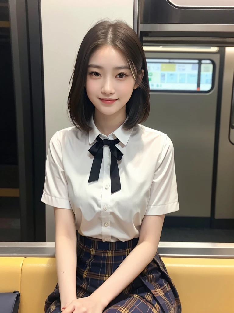 A gorgeous Chinese lady, 14-year-old , sitting in a Singapore MRT train at night, wearing a white short-sleeve blouse, plaid tie, and plaid skirt, with a youthful, smooth complexion, symmetrical face,beautiful detailed eyes and lips, long eyelashes, a slender figure, and a friendly, approachable smile. She has short hair and a confident, poised demeanor. The background is blurred with a Bokeh effect. (best quality,4k,8k,highres,masterpiece:1.2),ultra-detailed,(realistic,photorealistic,photo-realistic:1.37),HDR,UHD,studio lighting,ultra-fine painting,sharp focus,physically-based rendering,extreme detail description,professional,vivid colors,bokeh