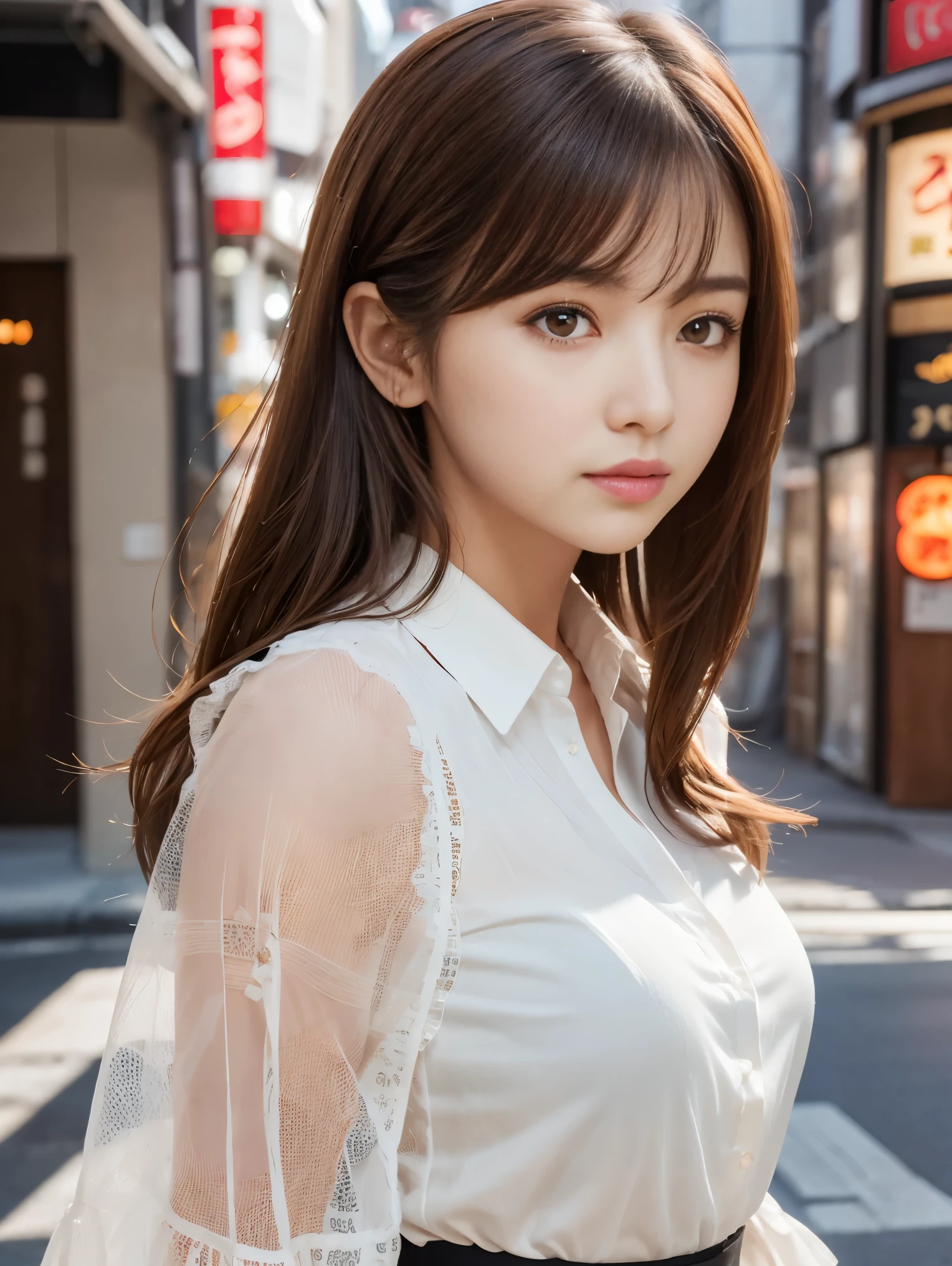 Ultra-high resolution, Superior Quality, highest quality, Super detailed, Realistic, 8k, RAW Photos, highest quality, masterpiece, Attractive girl, A wonderful girl, Brown Hair, Shoulder-length layered, Mesh Hair, Japanese Idols, Sophisticated, stylish, blouse,