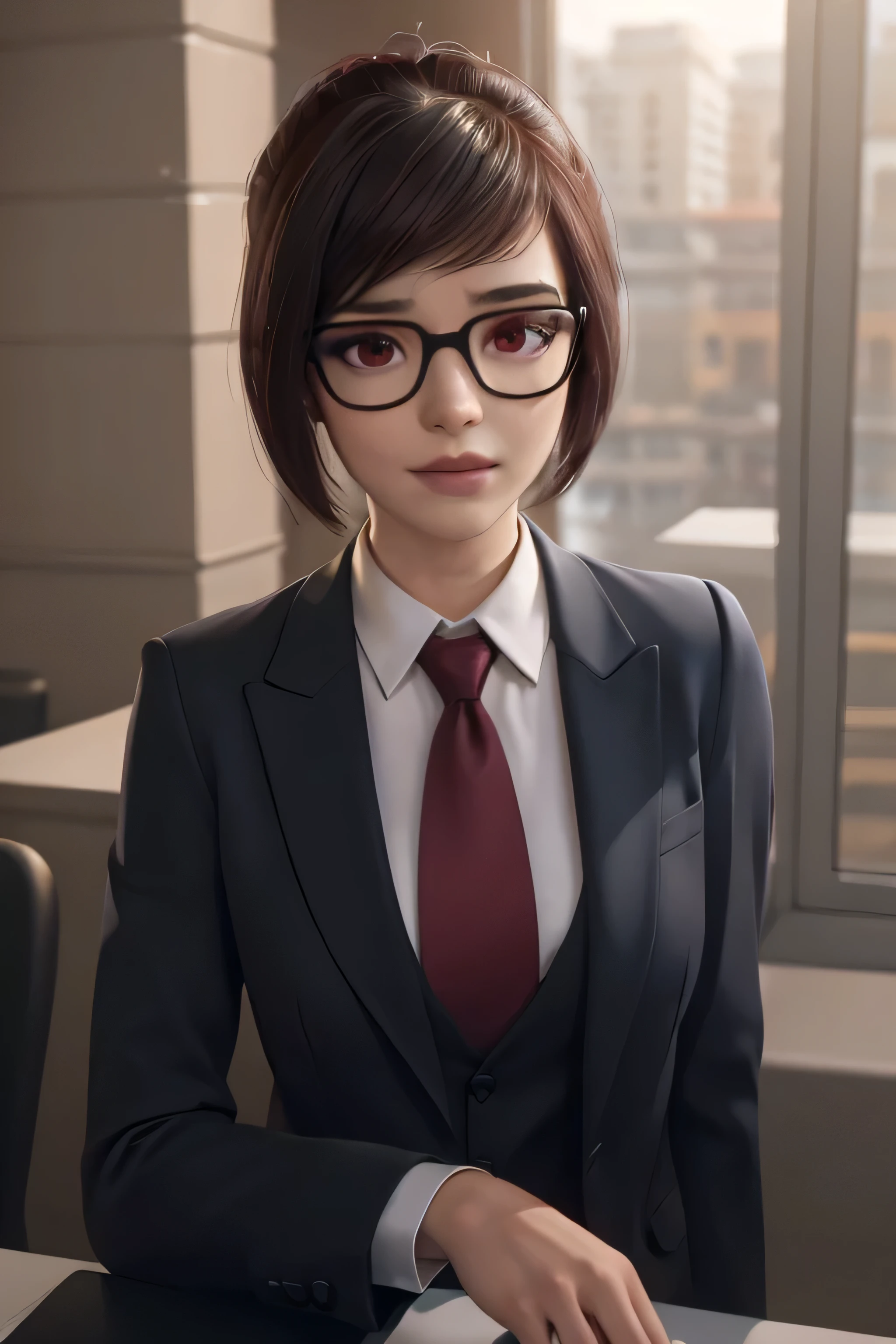 realistic, realism, photorealism, photo-realistic, high contrast, (photorealistic:1.4), 8k high definition detailed realistic,  (best quality, masterpiece:1.2),  photon mapping, radiosity, physically-based rendering, best quality, highly detailed, 1girl, owmei, cream skirt suit, suit and tie, (((three-piece suit))), pink silk dress shirt with white collar, shirt and tie, (((maroon necktie))), ((blazer)), ((suit jacket)) ((waistcoat with lapel)), (((bodycon pencil miniskirt))), formal, business, red lipstick, smile, hair bun, glasses, sitting, (((high collar))), (((tailored bespoke suit))), hair pin, blowjob, oral sex, fellatio