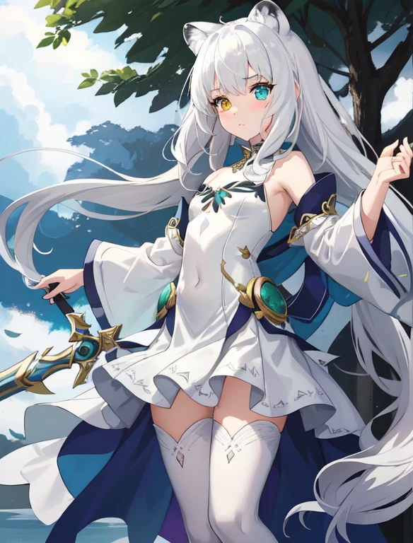A small 10-year-old girl with a flat AA-size chest. Her proportions include an extremely flat chest. She has heterochromia, her right eye is a deep emerald green, and her left eye is bright diamond blue. Her features include snow-white hair fluttering behind her, ears of a white tiger atop her head, and a tail of a white tiger. She sports a flowing white cloak that billows behind her and dual-wields two white swords. Her stance is confident and mature, her expression focused and calm. Her clothes cover her completely. Make sure to include a tail of a white tiger on her tailbone. no animals in picture
