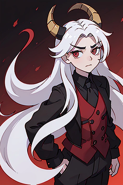 man with pale skin, crimson eyes, long white hair (not too long) and black goat-like horns and a manly face. wearing a red shirt rolled up to the elbows, with a black dress vest buttoned on top, with black dress pants with a black tail that ends in a red triangle.