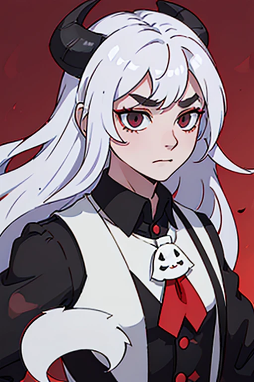 man with pale skin, crimson eyes, long white hair (not too long) and black goat-like horns and a manly face. wearing a red shirt rolled up to the elbows, with a black dress vest oned on top, with black dress pants with a black tail that ends in a red triangle.