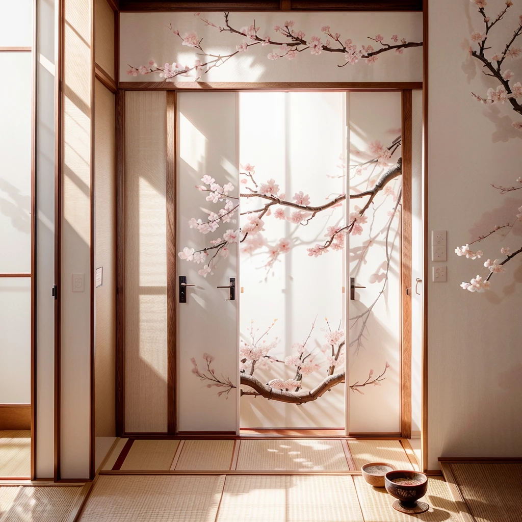 sakura blossom painting on pure white shoji door,illustration,ink,highly detailed,vector graphic,beautifully detailed shoji door,natural light,soft shadows,botanical,cherry blossoms,delicate petals,flowing branches,minimal background,soft colors,elegant composition,intricate linework,calligraphic style,japanese aesthetic,traditional japanese art,masterpiece,4k