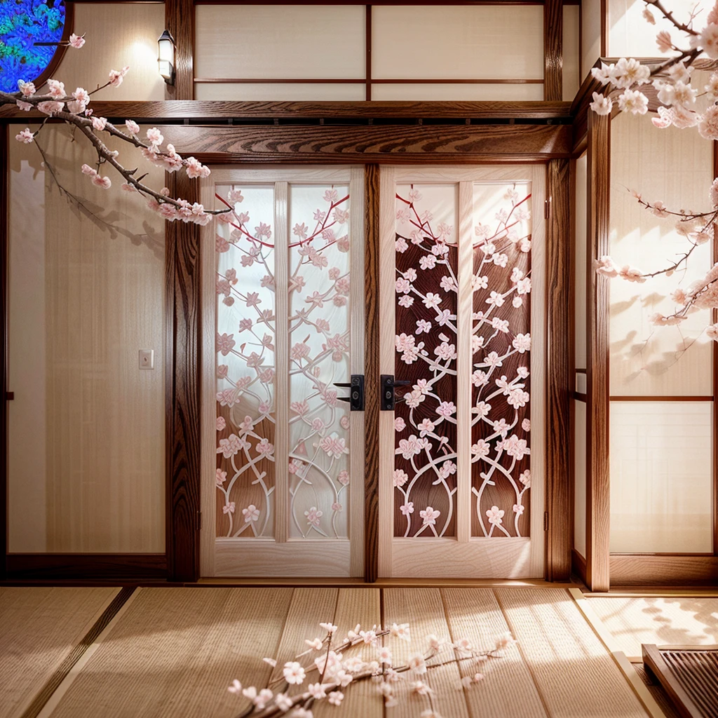 sakura blossom painting on pure white shoji door,illustration,ink,highly detailed,vector graphic,beautifully detailed shoji door,natural light,soft shadows,botanical,cherry blossoms,delicate petals,flowing branches,minimal background,soft colors,elegant composition,intricate linework,calligraphic style,japanese aesthetic,traditional japanese art,masterpiece,4k