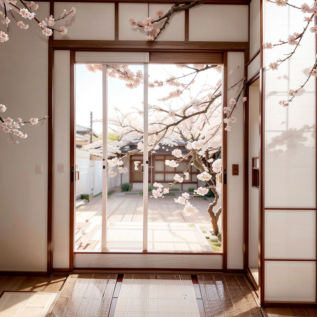 sakura blossom painting on pure white shoji door,illustration,ink,highly detailed,vector graphic,beautifully detailed shoji door,natural light,soft shadows,botanical,cherry blossoms,delicate petals,flowing branches,minimal background,soft colors,elegant composition,intricate linework,calligraphic style,japanese aesthetic,traditional japanese art,masterpiece,4k