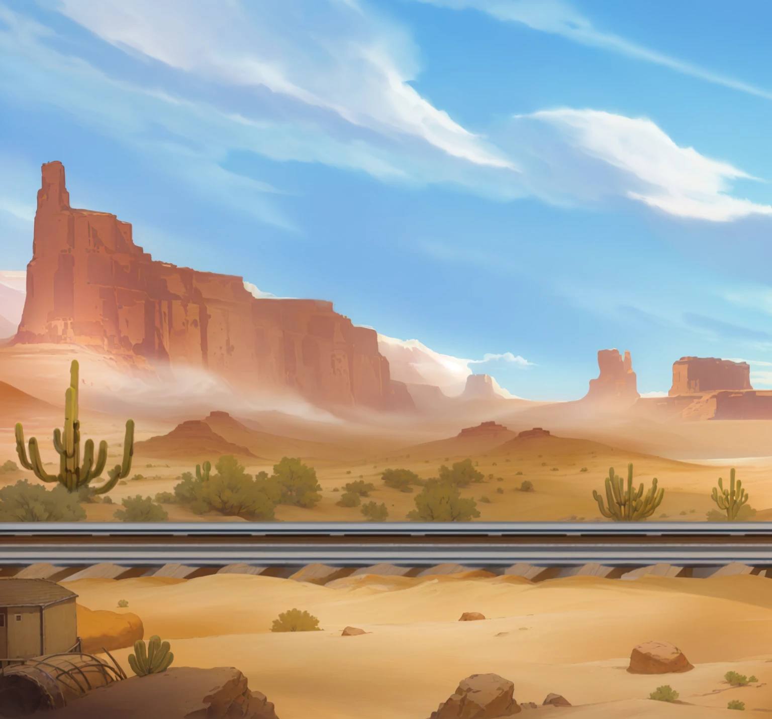 painting of a Desert Scene with a train passing by, Canyon Background, Western Background, Wild West background, background technology, new mexican Desert Background, background technologywork, Desert Background, Desert Highway, Desert Table, desert in background, Desert wasteland, Desert Scenery, Desert Environment, Desert landscape, Mobile game background, Monument Valley style, Desert Scene, 2D Game Art Background