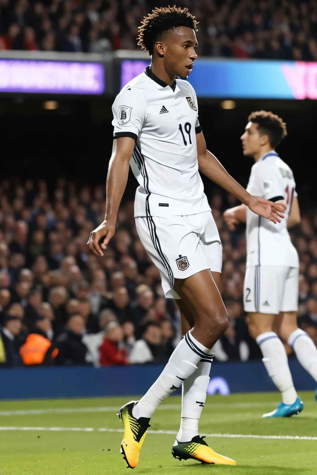 A black soccer player in a white uniform performs a goal celebration