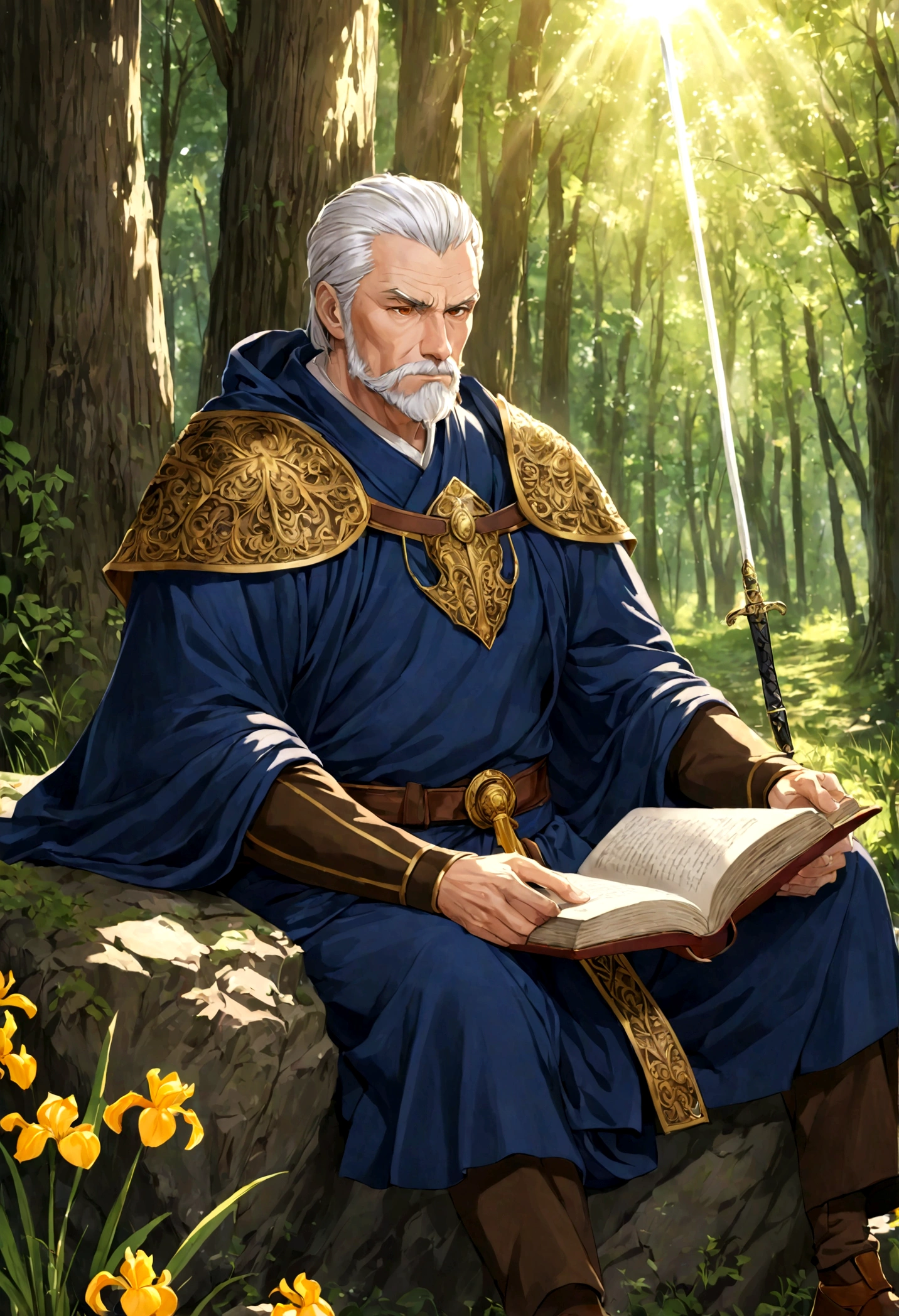 A 60 year old man who is a swordsman. Golden eye irises, serious look, white hair combed back, short beard well combed. Dressed in a dark blue outfit and brown cloak. Sitting on a rock in the forest. Reading a book, sword sheathed at his waist. The sun's rays hovering over him. (Detailed eyes, detailed sword, detailed book.)