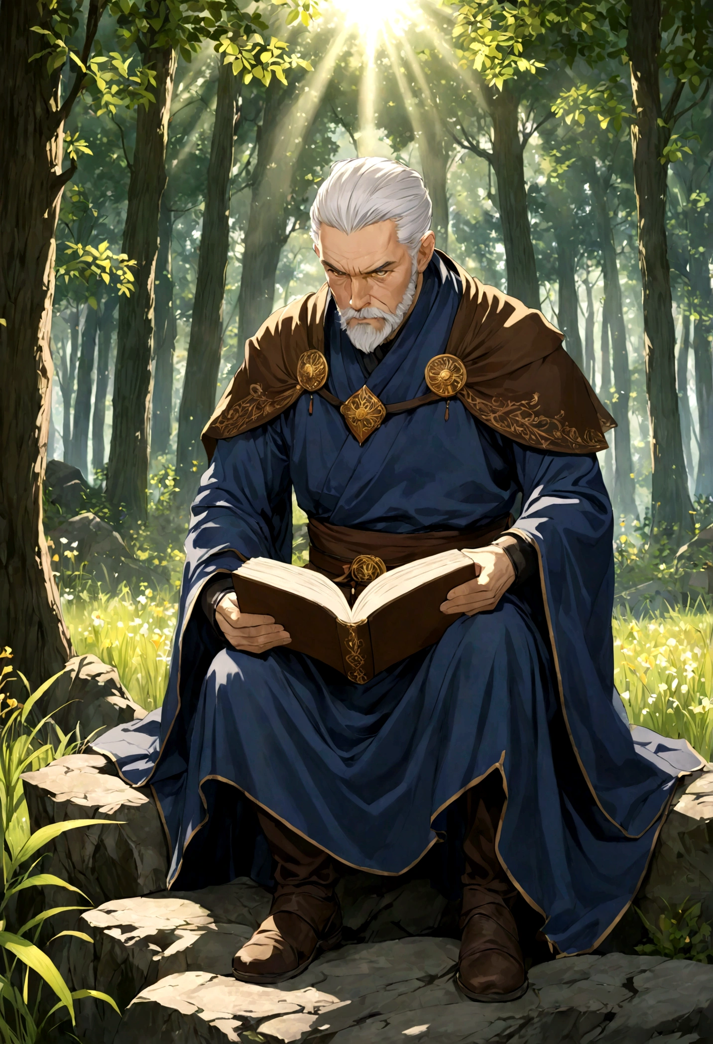 A 60 year old man who is a swordsman. Golden eye irises, serious look, white hair combed back, short beard well combed. Dressed in a dark blue outfit and brown cloak. Sitting on a rock in the forest. Reading a book, sword sheathed at his waist. The sun's rays hovering over him. (Detailed eyes, detailed sword, detailed book.)