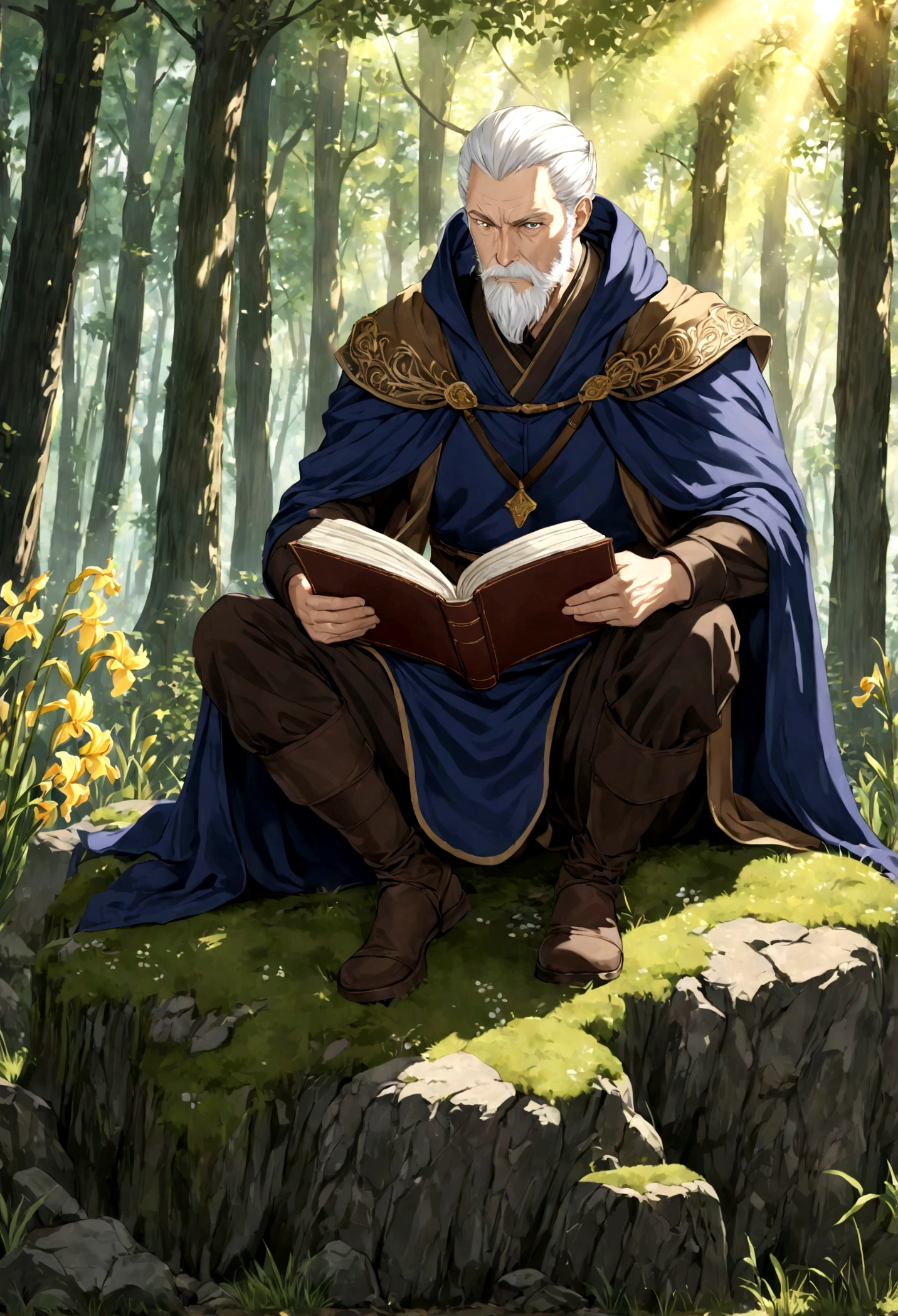 A 60 year old man who is a swordsman. Golden eye irises, serious look, white hair combed back, short beard well combed. Dressed in a dark blue outfit and brown cloak. Sitting on a rock in the forest. Reading a book, sword sheathed at his waist. The sun's rays hovering over him. (Detailed eyes, detailed sword, detailed book.)