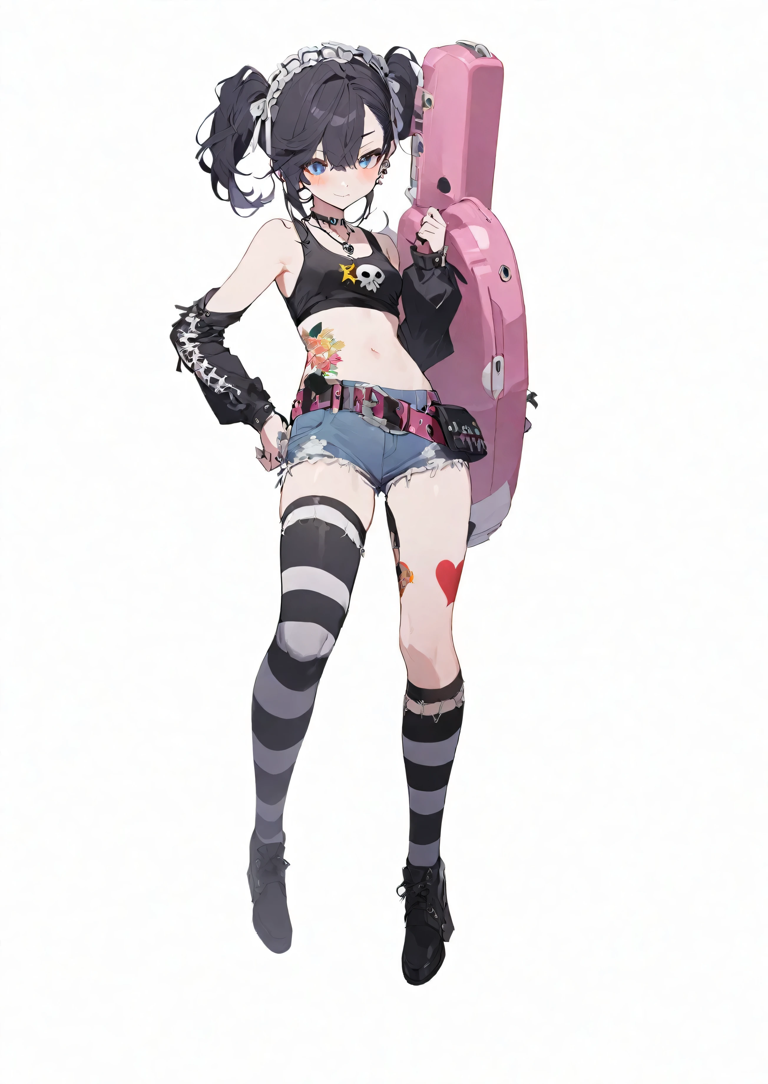 1 woman, black pigtails, white skull headdress, black necklace, black tank top, skull print tank top, black necklace, black arm sleeve, white sewing, White ribbon, blue hot pants, black and pink patterned belt, Striped stockings, yellow star tattoo on lower back, red heart tattoo 