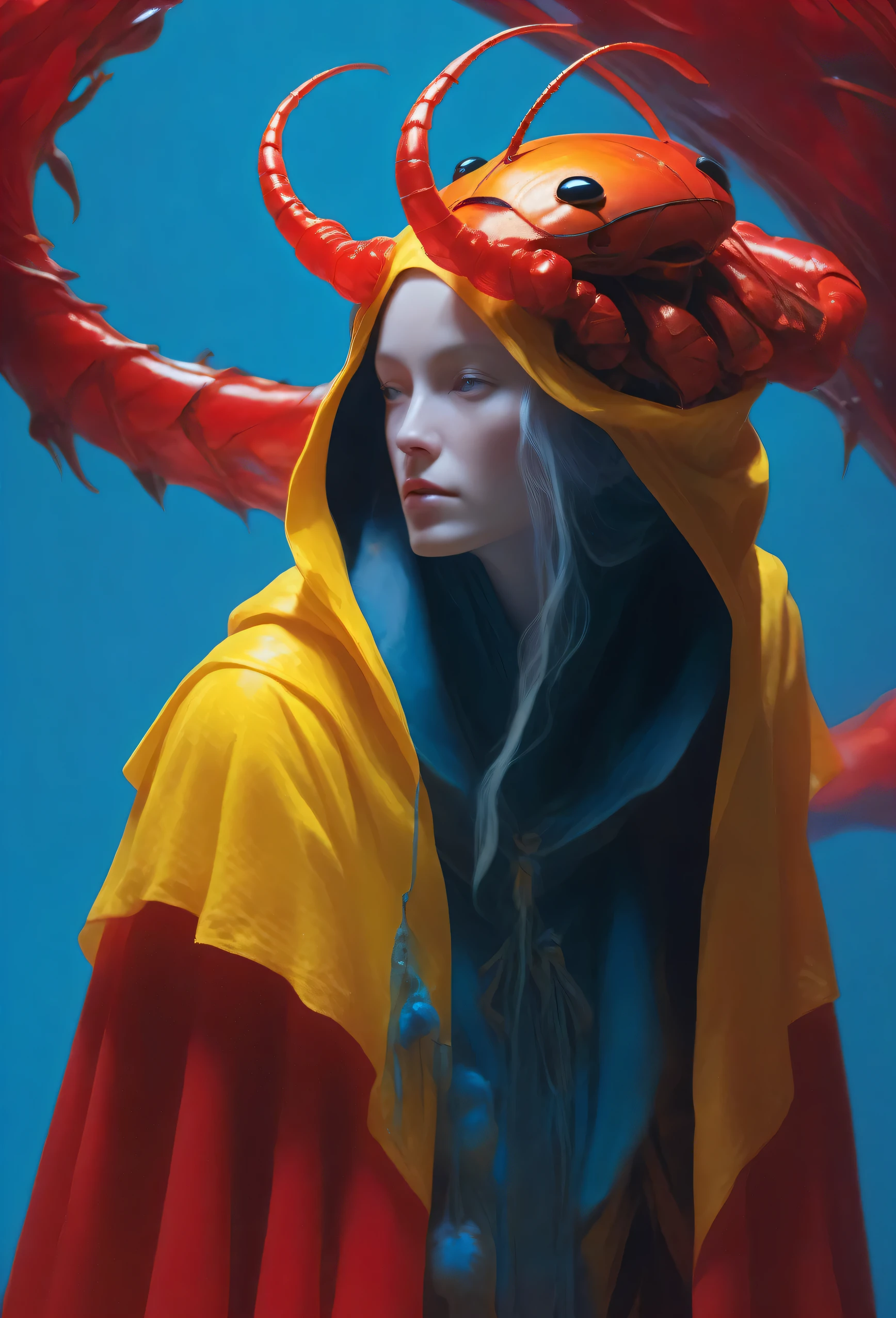 A person with a pensive expression, wrapped in a yellow hooded cloak, gently cradles a bright red, humanoid insect-like creature against a solid blue background.