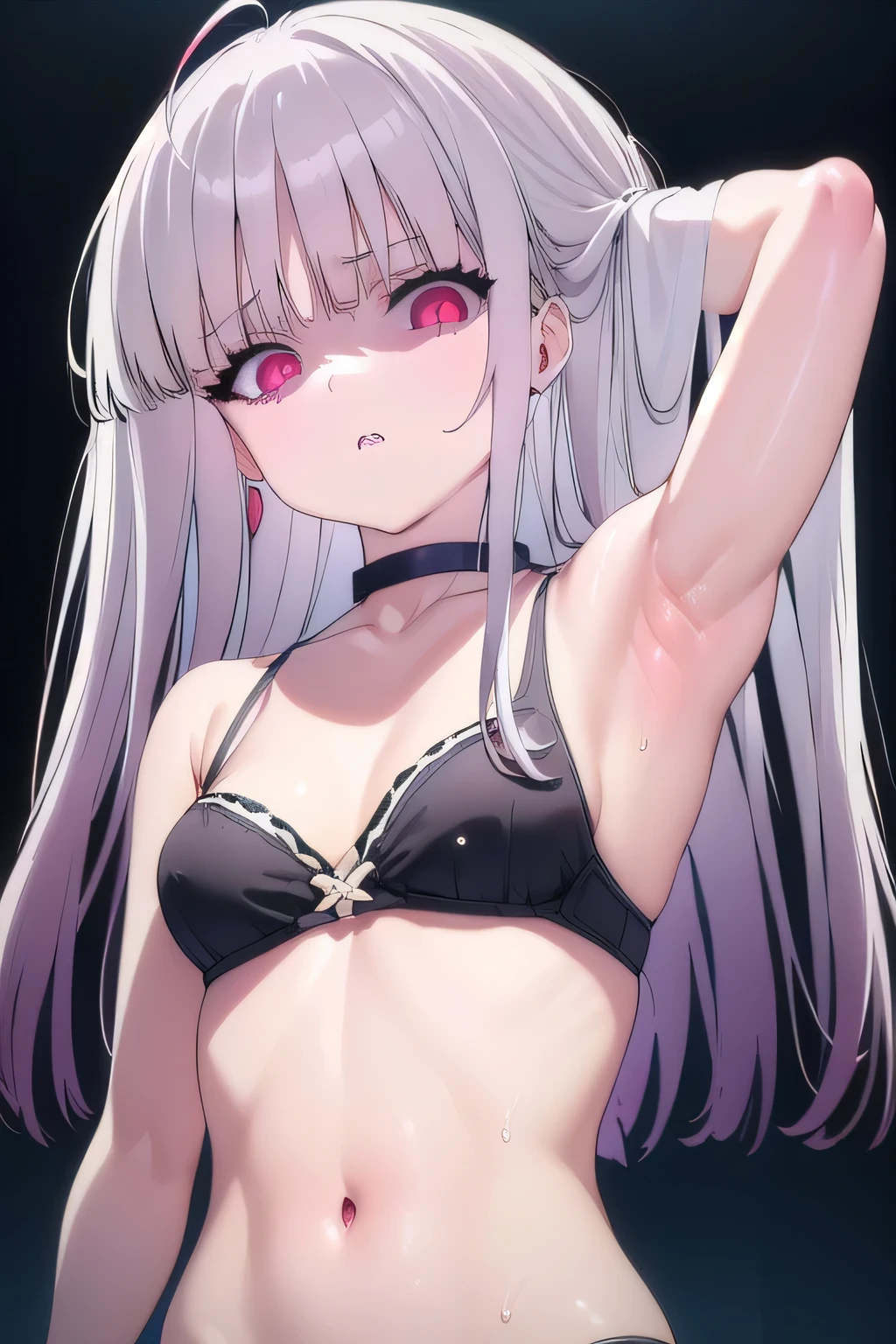 masterpiece, best quality, ultra-high-detailed, Disgusted face, white hair, red eyes, sigtuna julie , small chest , looking to viewer, deep eyes,  glare eyes, black bra, bare shoulder, focus to face, black background, upper body , cleavage, sweated a lot, one arm up,  armpit crease, armpit pits, armpit warm, arm behind head, sweaty armpit 