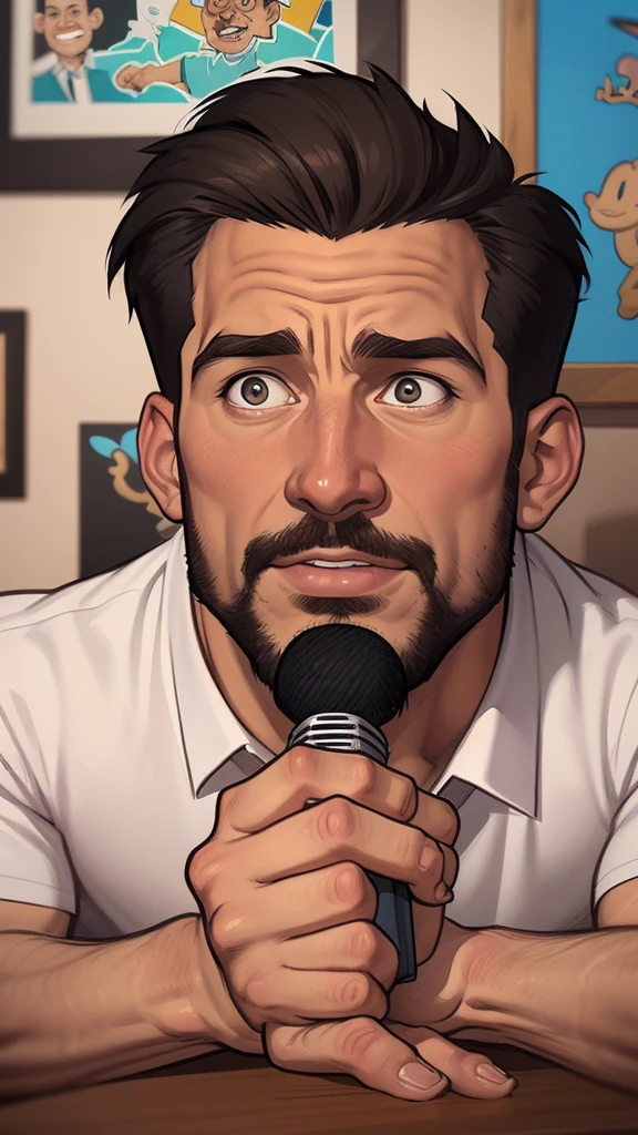cartoon of a man sitting at the table with a microphone, caricatura style, caricatura illustration, retrato de desenho animado, Direction: Patrick Brown, caricatura, cartoon illustration, em estilo cartoon, jim carrey caricatura realism, retrato de alta qualidade, colorful illustration, cartoon style illustration, arte dos desenhos animados, desenho animado realista, commercial illustration, arte dos desenhos animadosstyle, rob mcnaughton, Steve Carell •, professional illustration