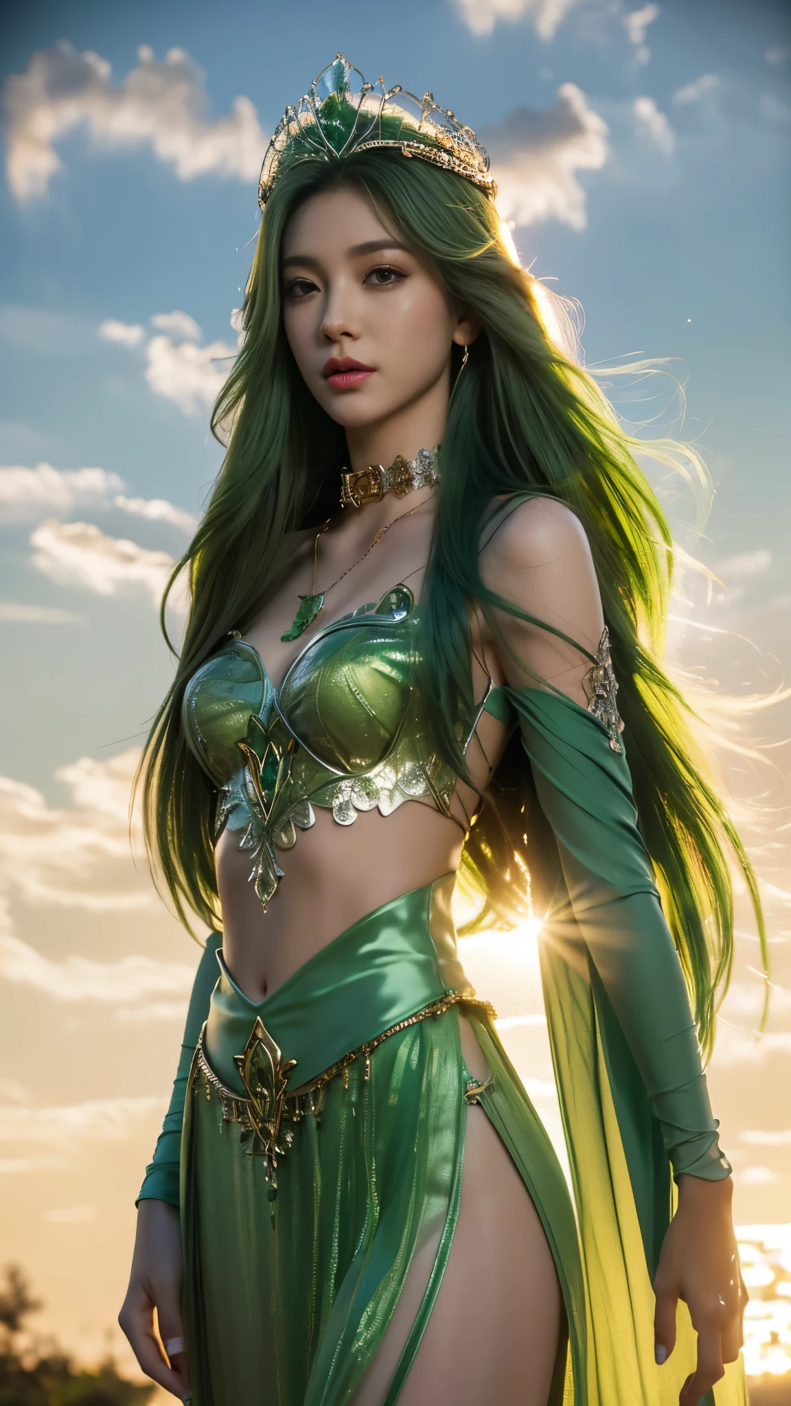photorealistic, 1girl, ((slim body)), long hair, gradient hair, solo, detailed eyes, jewelry, bracelet, choker, small breasts, looking at viewer, realistic, necklace, (((green princess))), long skirt, thigh highs, green cape, sardine, lace, evening, sunlight, clouds, in the sky, clouds, realistic sun light,, detailed, upper body,