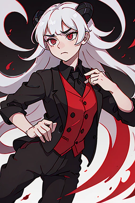 man with pale skin, crimson eyes, long white hair (not too long) and black goat-like horns and a manly face. wearing a red shirt rolled up to the elbows, with a black dress vest buttoned on top, with black dress pants with a black tail that ends in a red triangle.