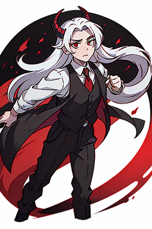 man with pale skin, crimson eyes, long white hair (not too long) and black goat-like horns and a manly face. wearing a red shirt rolled up to the elbows, with a black dress vest buttoned on top, with black dress pants with a black tail that ends in a red triangle.