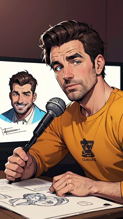 cartoon of a man sitting at the table with a microphone, caricatura style, caricatura illustration, retrato de desenho animado, Direction: Patrick Brown, caricatura, cartoon illustration, em estilo cartoon, jim carrey caricatura realism, retrato de alta qualidade, colorful illustration, cartoon style illustration, arte dos desenhos animados, desenho animado realista, commercial illustration, arte dos desenhos animadosstyle, rob mcnaughton, Steve Carell •, professional illustration