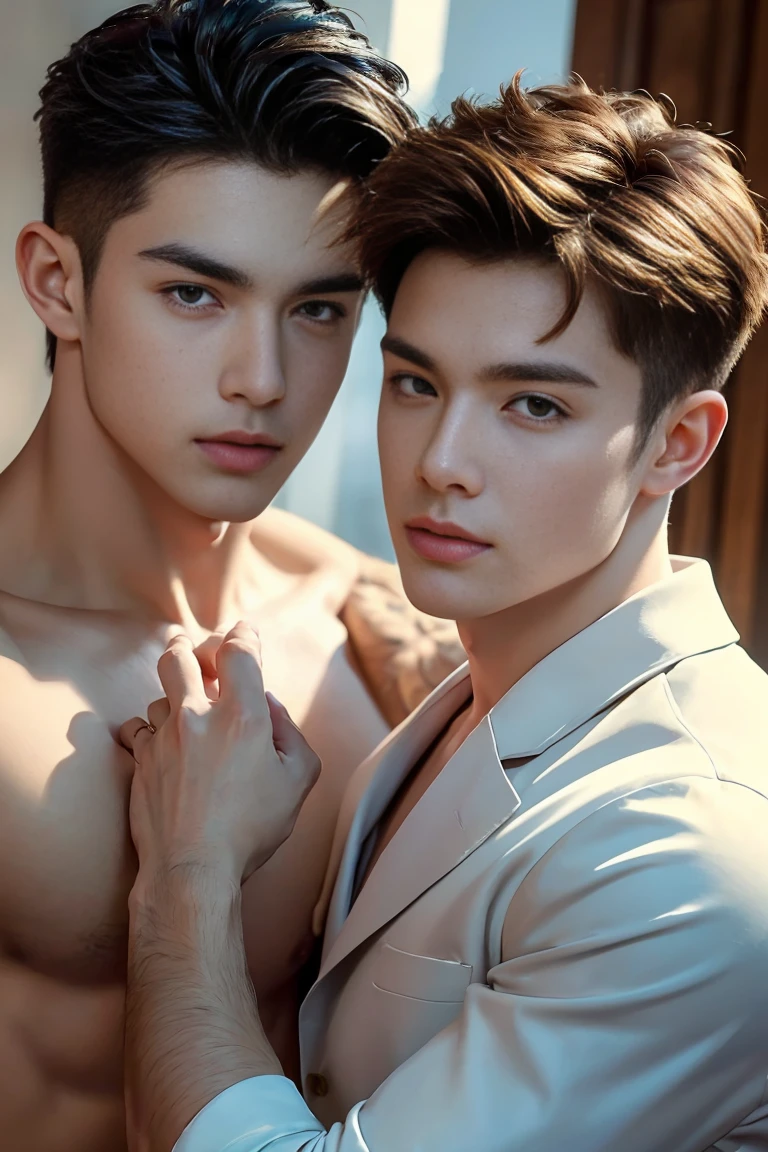 Ultra wide angle,((masterpiece)),((best quality)),8K,High Detail,Very detailed, 2 handsome muscular boys,Very manly,golden brown eyes,Fashionable short hair,Vivid male image, fashion pose, masculine expression,Real skin texture, ((Perfect hand details)),((Real and complete hand details)),Light,
Royal blue style couple,White male model photos