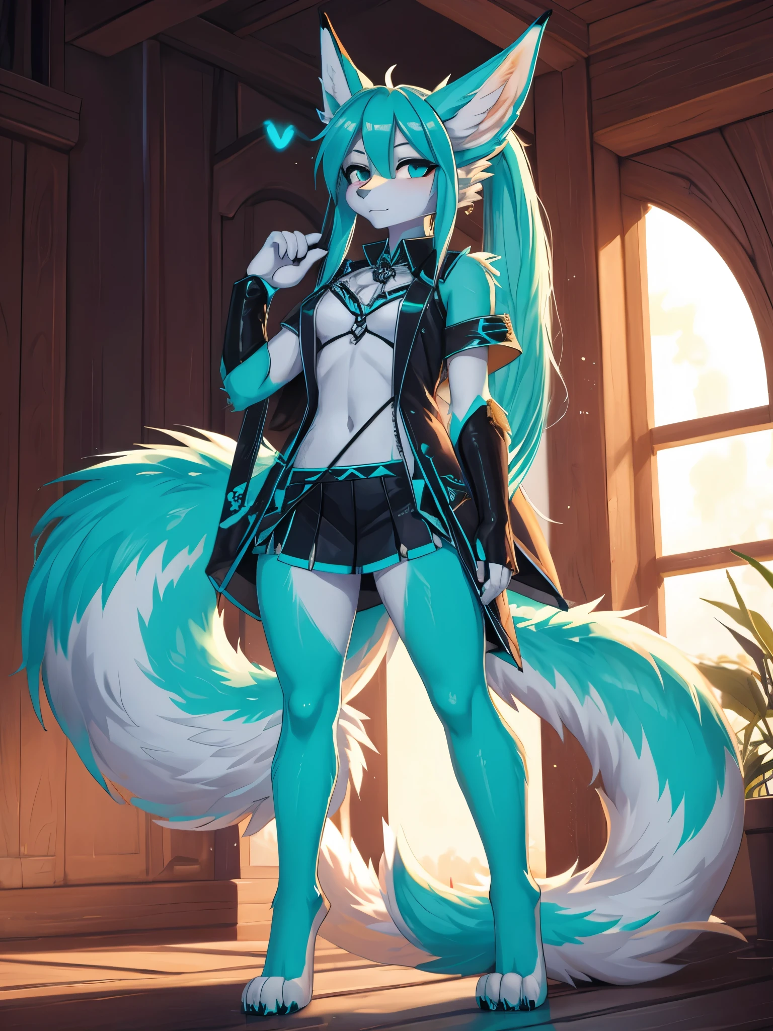 Miku Hatsune, 18 years old women, alta definicion, orejas de kitsune, alta definicion, delantal blanco, fullbody picture alta definicion.