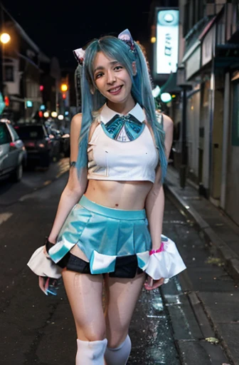 hight resolution, top-quality, masterpiece, ultra-quality, The ultra-detailliert,  Hatsune Miku in Halloween costume、a miniskirt、Wearing sweat、full of sweat、On the street at night、 leaks from the crotch、a smile、cum in crotch、Sperm leaks from the crotch、