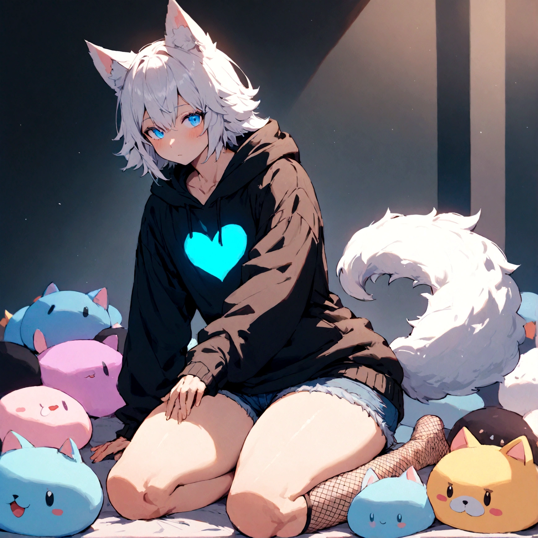 a cute male with wolf ears, white hair, a wolf tail, wearing a loose cropped oversized black hoodie, wearing a pair of denim short shorts and fishnet stockings, has black combat boots on, thick thighs, wide hips, relaxing on bed surrounded by cute plushies, short,