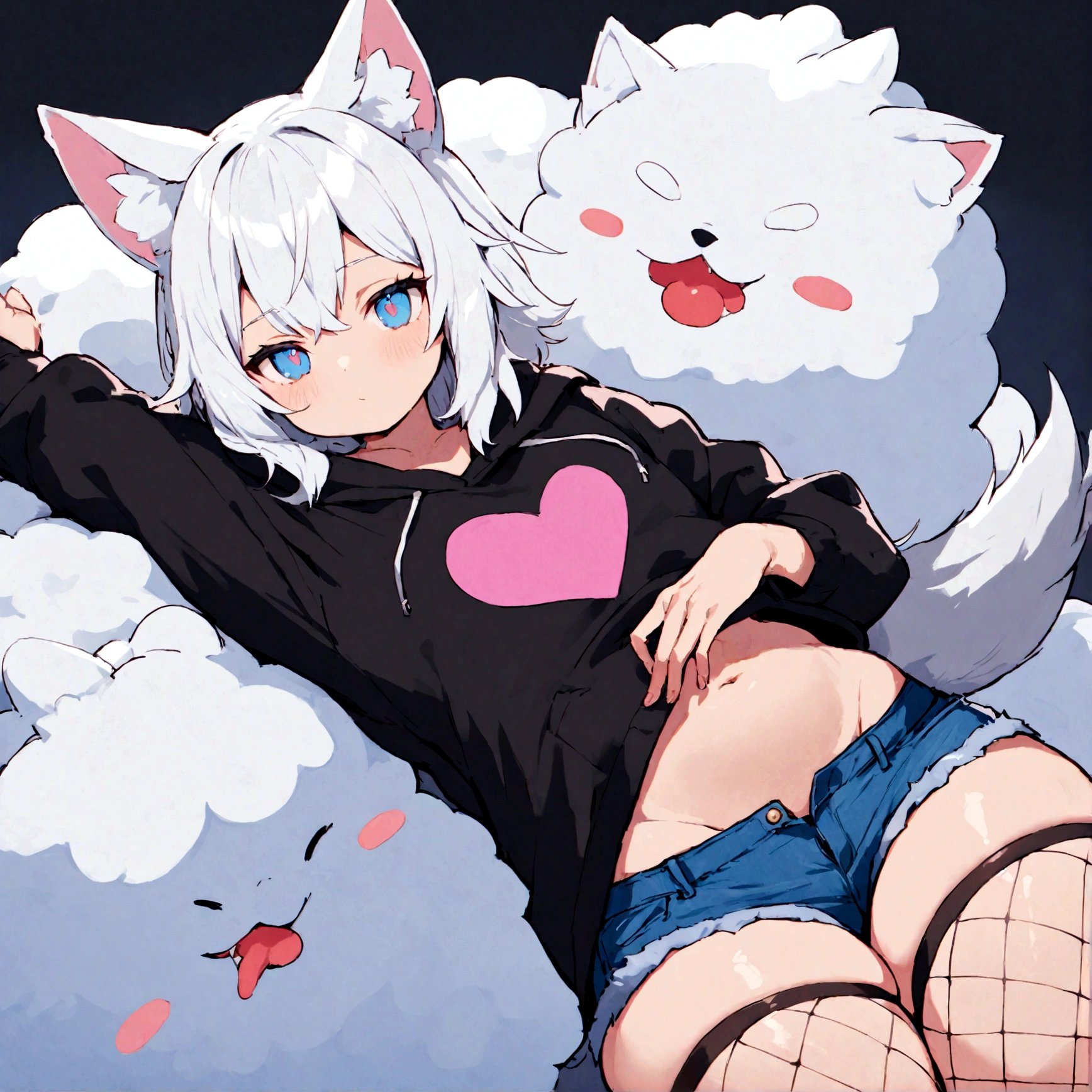 a cute adult male with wolf ears, white hair, has a wolf tail, wearing a loose cropped oversized black hoodie, wearing a pair of denim short shorts and fishnet stockings, thick thighs, wide hips, relaxing on mound of fluffy multi colored kawaii plushies, short, very slim, showing slender tummy, stretching out, heart on hoodie, squishy thighs, has glowing blue eyes. alone, solo (ALONE)(SOLO)