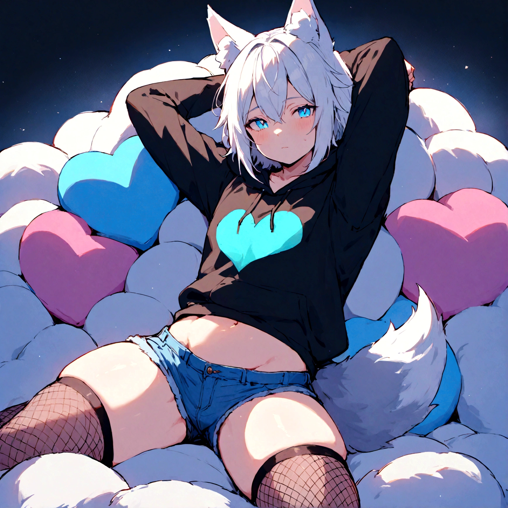 a cute adult male with wolf ears, white hair, has a wolf tail, wearing a loose cropped oversized black hoodie, wearing a pair of denim short shorts and fishnet stockings, thick thighs, wide hips, relaxing on mound of fluffy multi colored kawaii plushies, short, very slim, showing slender tummy, stretching out, heart on hoodie, squishy thighs, has glowing blue eyes. alone, solo (ALONE)(SOLO)