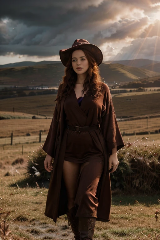 detailed cinematic full body shot of a 35 year old woman with reddish curly hair wearing a caramel collored robe, pointy witch wizard hat, in an irish landscape, intricate celtic knot patterns, dramatic cloudy sky, sunlight rays, golden hour, hyperrealistic, photorealistic, 8k, masterpiece